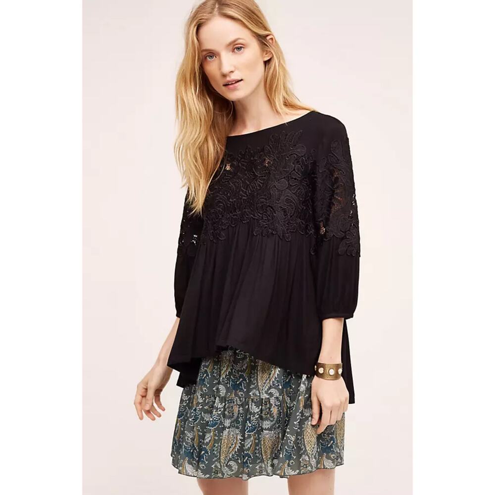 Anthropologie Deletta Desi Blouse Black Embroidered Small